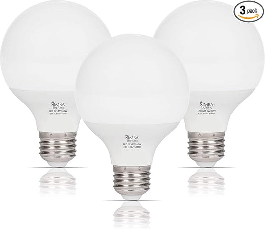 Simba Lighting LED G25 Bulbs 8W 60W Equivalent 120V E26 Daylight, 3 Pack | Decorative White Frosted Cover Globe G80 Light Bulbs for Bathroom Vanity, Makeup Mirror, Standard E26 Medium Base, 5000K