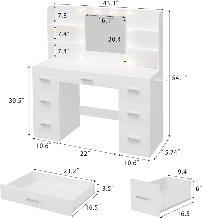 Furmax Vanity Desk with Mirror, LED Lights and Power Outlet Makeup Vanity Table with 7 Drawers and 6 Storage Shelves Dressing Table for Bedroom Dressing Room (White)