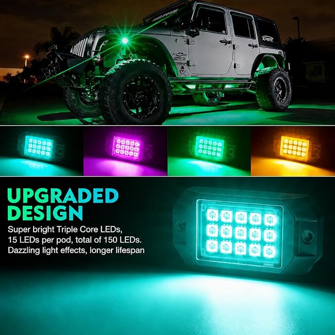 Xprite Bluetooth LED Rock Lights Kit, Multicolor Neon Accent Music Visibility Lighting Underglow Kits with RF Controller for Off-Road, Trucks, Cars, UTV, ATV, SUV, RZR, Motorcycles, Boats - 6 PCS