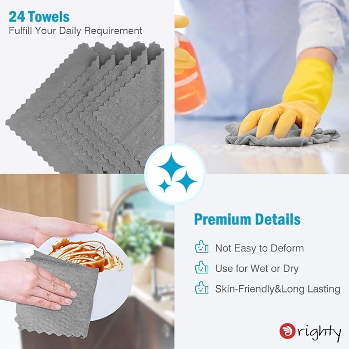 Orighty Microfiber Cleaning Cloth - 24 Pack, Grey Cleaning Rags 12x11 inch | Microfiber Towels for Cars, Highly Absorbent Household Cleaning Supplies, Reusable Lint Free Cloths for House, Kitchen