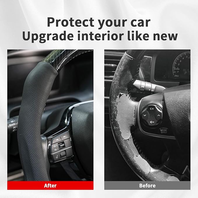 Car Steering Wheel Cover Napa Leather Non Slip Vehicle Steering Wheel Cover Protector, Quick Install Comfy Automotive Interior Decor, Universal fit 14½ to 15 inches Car Pickup SUV