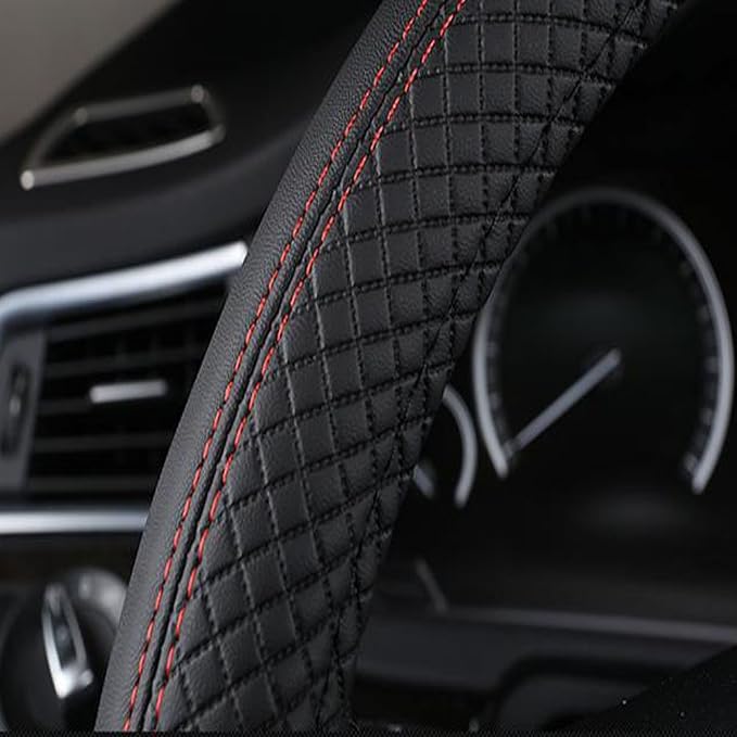 SHIAWASENA Car Steering Wheel Cover, Leather, Universal 15 Inch Fit, Anti-Slip & Odor-Free (Black&Red)