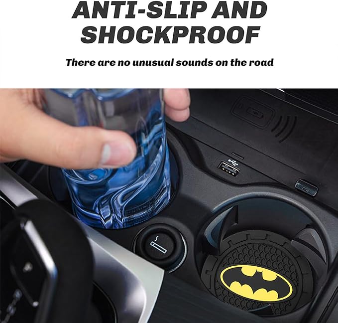 2Pcs Car Cup Holder Coasters for Bat Man Marvel Fans, Silicone Non-Slip Drink Mats, Cup Mats for Car Interior Accessories, Universal Anti-Spill Coaster Insert