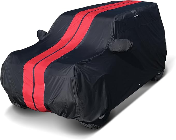 iCarCover Premium Heavy Duty SUV Car Cover - Waterproof All Weather Rain Snow UV Protection, VW ID.4, XT4, Corsair, Ariya, CR-V, Forester, Q4, 4Runner, Size S51 (See Size Chart), Stripe - Black/Red