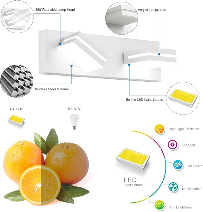 SineRise LED Modern Bathroom Vanity Light Fixtures (2-Light, 15.5-Inch), Matte White Modern Acrylic Bathroom Wall Lighting Fixtures Over Mirror (Cool White 6000K)