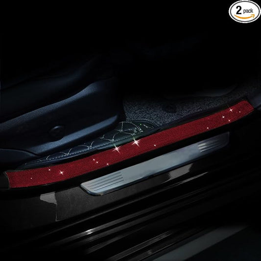 Car Door Sill Protector with Bling Rhinestones 2PCS Edge Guard Scuff Cover Anti-Scratch Strip Sticker Bumper Protector for Truck 2.75"x23.62" (Red)