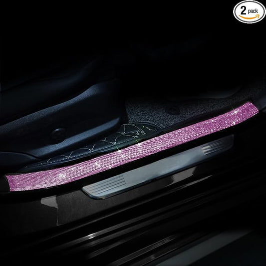 Car Door Sill Protector with Bling Rhinestones 2PCS Edge Guard Scuff Cover Anti-Scratch Strip Sticker Bumper Protector for Truck Car 1.96"x 23.62" (Pink)
