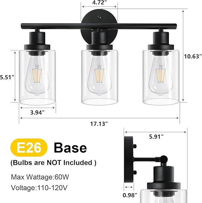 Unicozin Modern Bathroom Light Fixtures, 3 Light Vanity Lights, Black Wall Lamp with Clear Glass for Bathroom, Mirror, Living Room, Bedroom, Hallway, E26 Base