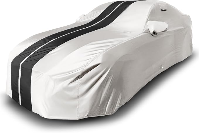 iCarCover Premium Heavy Duty Car Cover - Waterproof All Weather Rain UV Protection, Charger, XJ8, XJR, Lesabre, Impala, XTS, V90, S-Class, Size C29 (See Size Chart), Stripe - Light Gray/Black