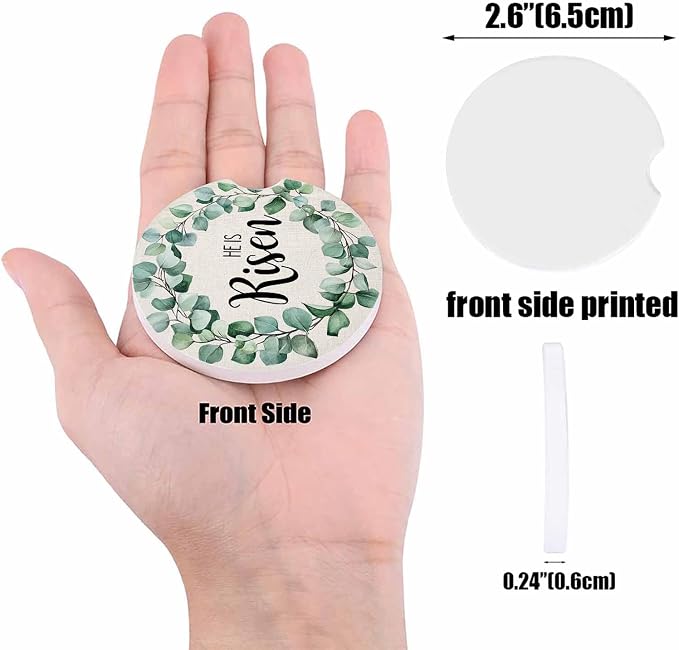 Car Coasters for Cup Holders 2.6"Dia Absorbent Coasters Set of 6 Car Interior Accessories for Women Men Spring Summer Eucalyptus Leaves Linen Bottom Ceramic Car Coaster for Drinks with Finger Grooves