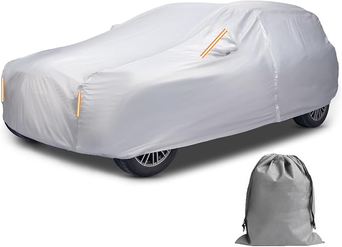 Caromop 10-Layer Waterproof Car Cover All Weather Protection (Snow, Rain, Sun) with Secure Fit Straps and Easy On/Off Zipper-Size S4 (See Size-Chart)