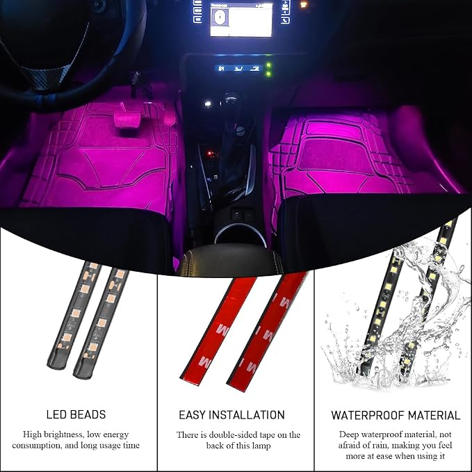 Car LED Strip Light, Car Interior Lights, 12V 24 LED Auto Under Dash Atmosphere Lights with USB Port, Auto Atmosphere Under Dash Lighting Kit for Vehicles (Pink Purple, USB)
