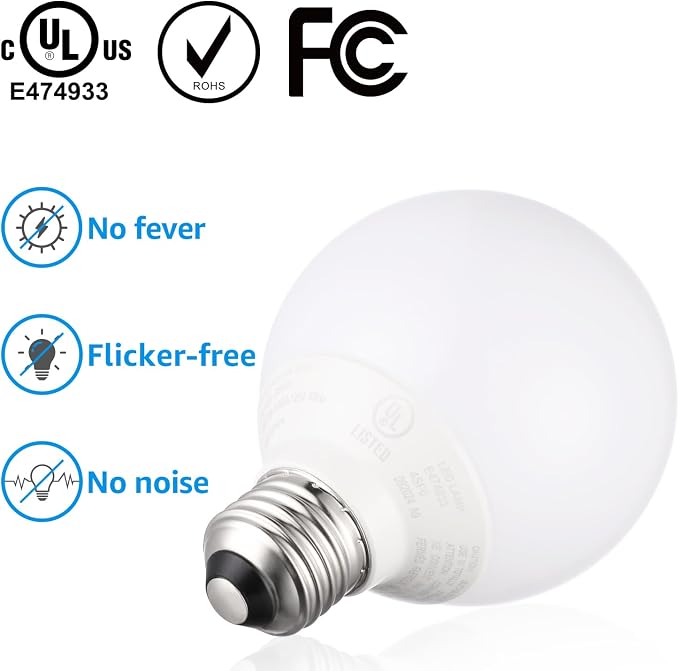 TORCHSTAR 6-Pack G25 LED Light Bulbs, 5W 450LM, Dimmable, 3000K | UL Listed, 40W Equivalent Warm White Vanity Globe Round Bulbs, E26 Base Decorative Bulb, for Bathroom Vanity or Mirror
