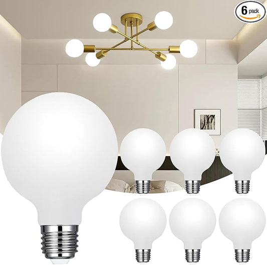 Vinaco Glass G25 led Globe Light Bulbs Dimmable 6W 120V 5000K for Bathroom | 6PCS, Milky Frosted Glass, 60W Eq. 450LM, 360°Beam,Warm White, NO Flicker, High CRI90+, E26 Base, for Makeup Mirror & Pendant