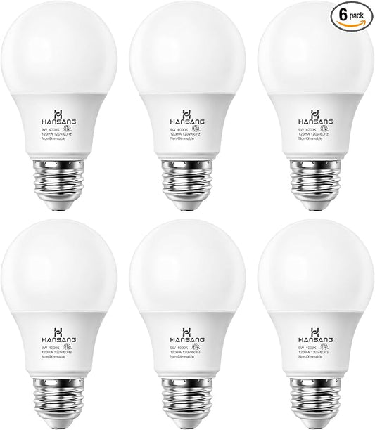 A19 LED Light Bulbs, 60W Equivalent, 4000K Natural White LED Bulb with E26 Standard Base, Efficient 9W, Non-Dimmable, 800 Lumens, 120V, CRI 85, Eye-Friendly for Bedroom Living Room, 6 Pack