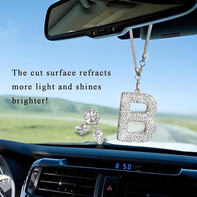 DXNQ Bling Initial Car Rear View Mirror Ornament, Crystal Sparkling Cute Letter Charm Pendant Auto Decor, Hanging Lucky Diamond Initial Charm Car Mirror Bag Ornament for Girl Women (Letter B)