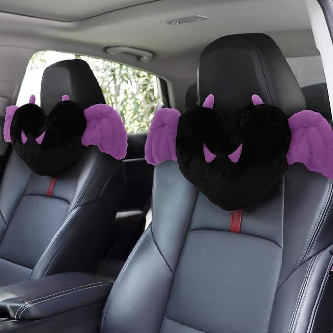 Sexysamba 2 Pcs Heart Shaped Car Headrest Pillow Devil & Angel Wings Neck Pillow Cute Car Seat Decor Neck Support Cushions for Travel Sleeping, Driving, Home, Office, Purple Devil