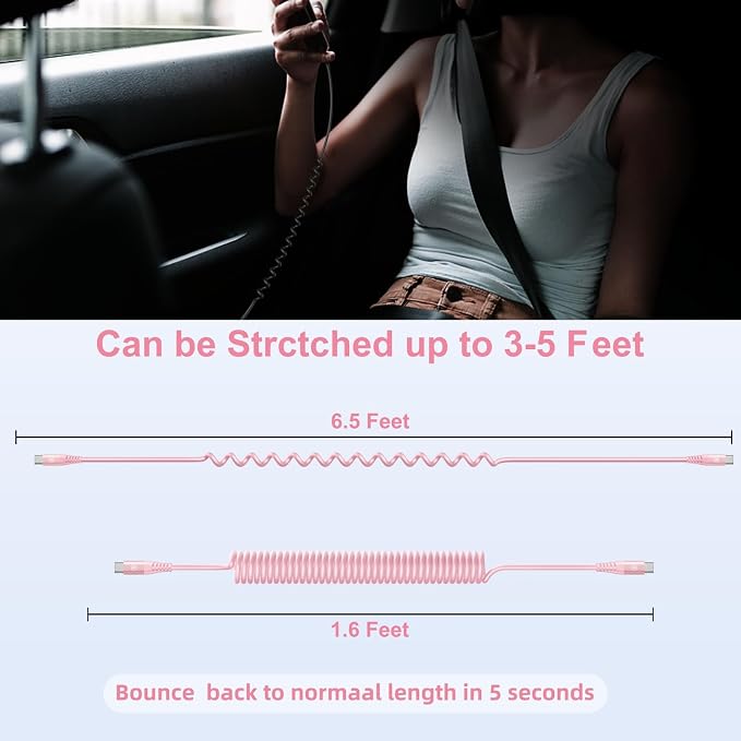 USB C to C Cable 6FT, 2Pack Coiled USB C Fast Charging Cable for CarPlay | iPhone USB-C Cable/Android Auto USB C Cord, USB Type C Cable for iPhone 17/16/15/Pro Max/Samsung Galaxy S23 and More-Pink