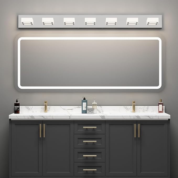 Ralbay 46" LED Chrome Vanity Lights 7 Lights Acrylic Stainless Steel LED Modern Vanity Lights Chrome Bathroom Lighting Fixtures Over Long Mirror (Natural White Light 4500K)