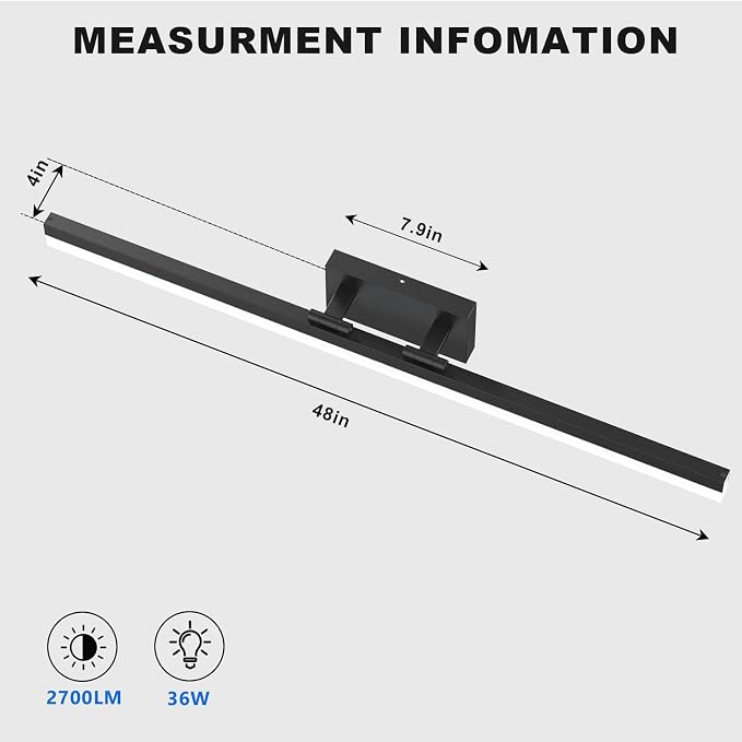 IZORRO Modern Bathroom Vanity Light 48 inch, Rotatable, 36W Dimmable Led Bathroom Light Fixture Over Mirror, Black Vanity Light Bar (Cool White 6000K)