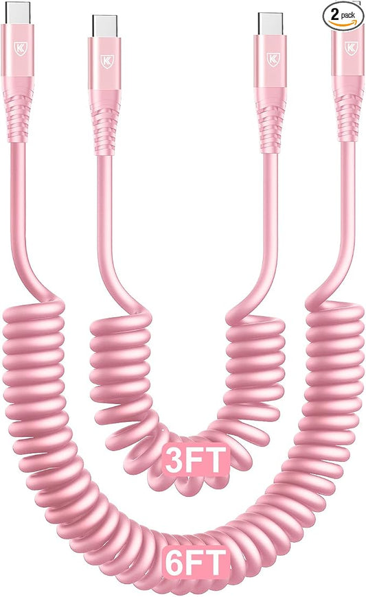 USB C to USB C Cable [3FT+6FT], 2Pack Coiled USBC Cable for Car USB Type C | Fast Charging Cable, CarPlay iPhone USB-C Cable/Android Auto USB C Cord for iPhone 17/16/ 15/Pro Max/Samsung Galaxy S23-Pink