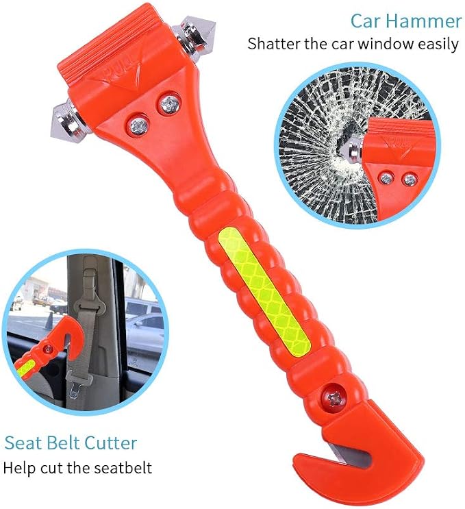 2PCS Car Safety Hammer Emergency with Seat Belt Cutter and Vehicle Window Glass Breaker | for Escape Tool with Reflective Tape