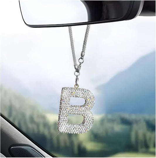 DXNQ Bling Initial Car Rear View Mirror Ornament, Crystal Sparkling Cute Letter Charm Pendant Auto Decor, Hanging Lucky Diamond Initial Charm Car Mirror Bag Ornament for Girl Women (Letter B)