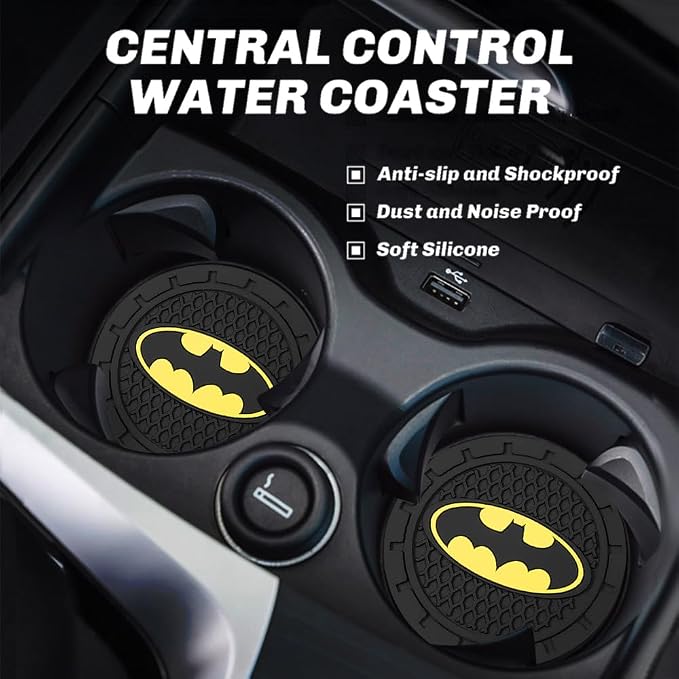 2Pcs Car Cup Holder Coasters for Bat Man Marvel Fans, Silicone Non-Slip Drink Mats, Cup Mats for Car Interior Accessories, Universal Anti-Spill Coaster Insert