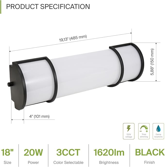 ASD LED 18" Vanity Flush Mount Light Fixture, Linear Bathroom Lighting Bar | 3CCT, Dimmable, Energy Star, ETL Listed | 20W 1650LM 3000-5000K 120V | Long Bath Wall Sconce Over Mirror | Black, 4 Pack