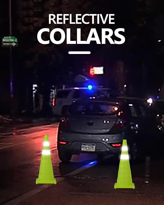 BATTIFE [4 Pack] 28 Inch Collapsible Traffic Cones, Lime Green Safety Cones, Pop-up Cones with Reflective Collar, for Driving Practice,Road Parking (Green)