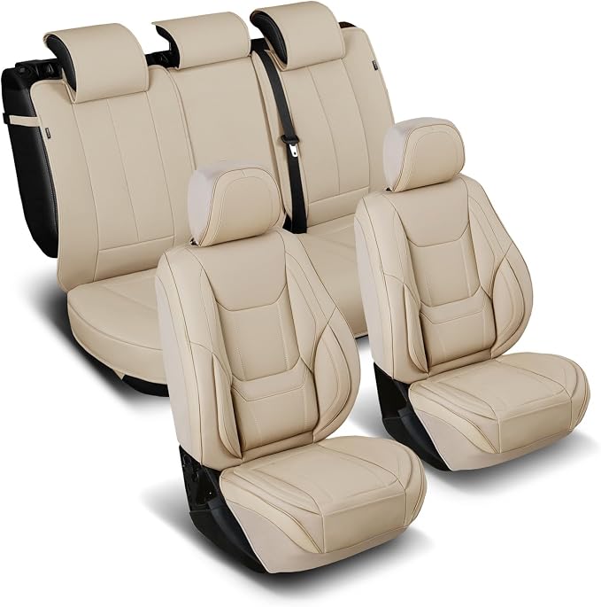 Coverland Custom Truck Car Seat Covers Full Set for [2019-2026 RAM 2500, 3500 Mega Cab Front Bucket Seats Rear Split Bench with Armrest] - Protector Water Resistant Leather [Full Set-Beige]