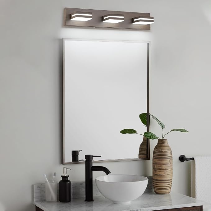 SineRise LED Modern Bathroom Vanity Light Fixtures (3-Light, 24-Inch), Brown Wood Painted Modern Acrylic Bathroom Wall Lighting Fixtures Over Mirror (Cool White 6000K)
