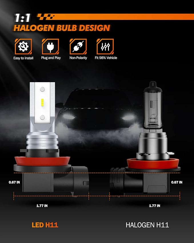 SEALIGHT H11 H16 LED Fog Light Bulb, Real 1:1 Mini Size, 6500K Cool White 6000LM H8/H16 LED Fog Lights For Cars,Trucks,SUV, 400% Brightness With Strong Penetration, 3 Mins Plug-N-Play, Pack of 2