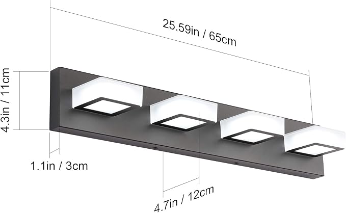Ralbay LED Black 4 Lights Acrylic Lighting Fixtures Modern Matte Black Bathroom Vanity Lights