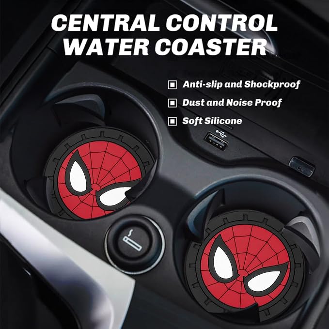 2Pcs Car Cup Holder Coasters for Spider Man Marvel Fans, Silicone Non-Slip Drink Mats, Cup Mats for Car Interior Accessories, Universal Anti-Spill Coaster Insert
