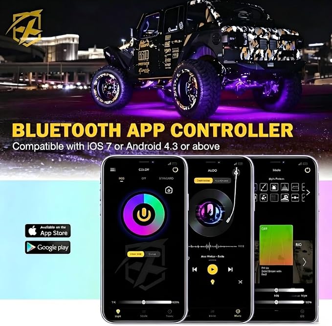 Xprite Colorful LED Rock Lights Kit with Bluetooth & Wireless Remote Controller, Multicolor Cars Underglow, Wheel, Footwell Neon Light Kits, for Off-Road UTV ATV Trucks SUV Motorcycle Boats - 4 Pods