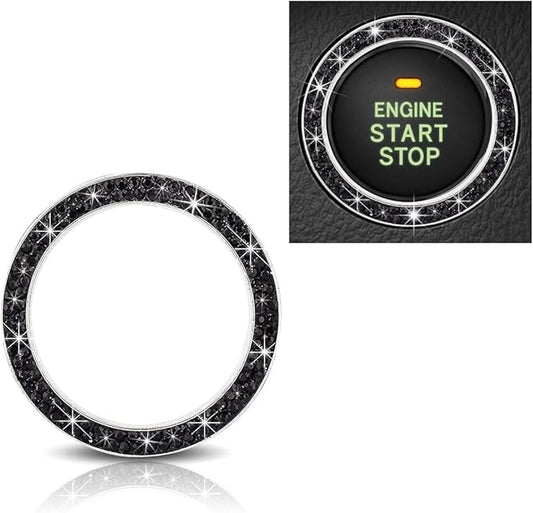 GLSOWEE Car Bling Crystal Rhinestone Engine Start Decoration Ring, Ring Start Button Cover Sticker Key Ignition & Knob Ring Decoration, Bling Car Interior Accessories for Women (Black)