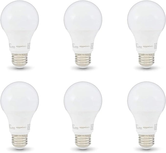 Amazon Basics Non-Dimmable LED Light Bulbs, Great Brightness, 40W Equivalent, 6W, E26 Standard Base, 2700K, 10,000 Hour Lifetime, Soft White A19, 6-Pack