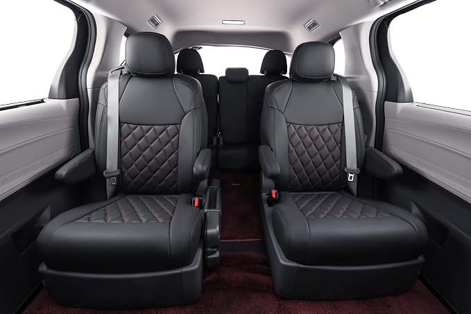 coverdream Sienna Car Seat Covers Custom Fit for 2011-2020 Toyota Sienna XLE,Limited,Limited Premium,2nd Row Captain Seats w/Foot Rest,Full Coverage Leather Seat Protector(Full Set,Black/Red)