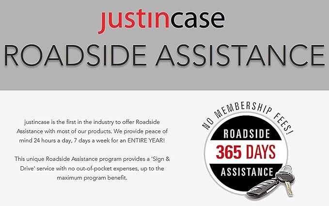 Justin Case Travel Pro Emergency Roadside Kit - Compact Car Safety Set with Jumper Cables, Tow Strap, Flashlight, Gloves, First Aid Kit & 1-Year Free Roadside Assistance
