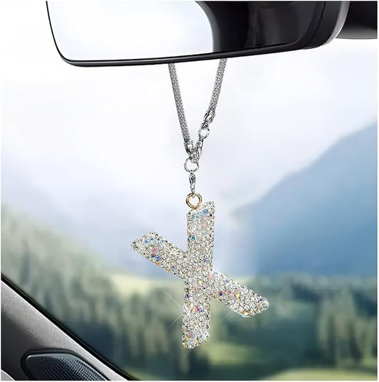 DXNQ Bling Initial Car Rear View Mirror Ornament, Crystal Sparkling Cute Letter Charm Pendant Auto Decor, Hanging Lucky Diamond Initial Charm Car Mirror Bag Ornament for Girl Women (Letter X)