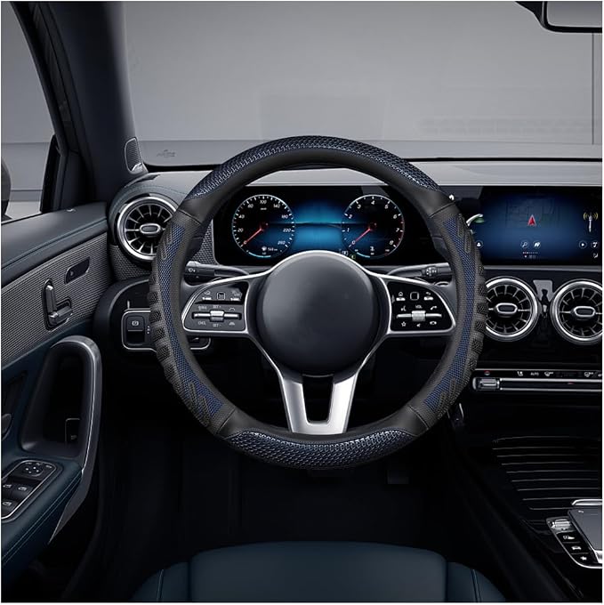 Osilly Car Steering Wheel Cover, Anti-Slip Leather Breathable Comfortable Automotive Steering Wheel Cover Protector Decoration for Men and Women, 15 Inch Universal for SUV, Truck, RV（Blue）
