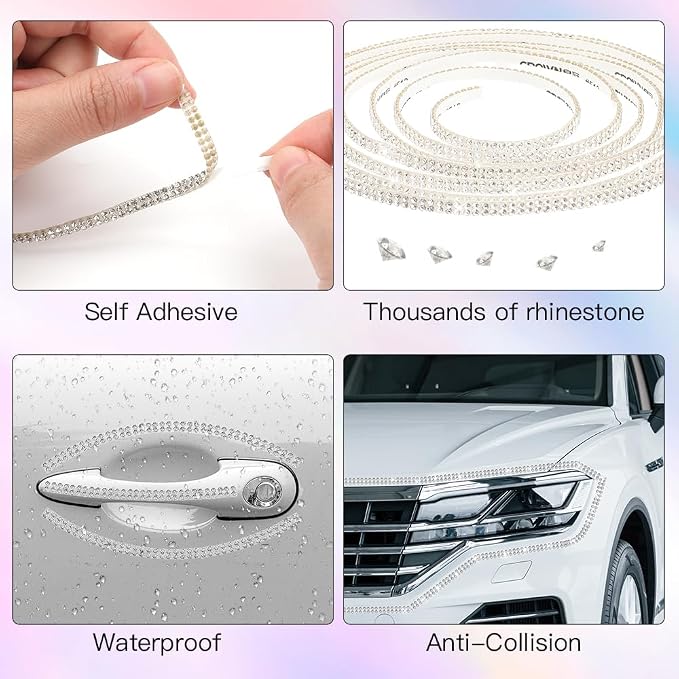 32.8Ft Bling Car Trim Self Adhesive Bling Rhinestone Car Accessories for Women Glitter Crystal Rhinestone Cars Interior Exterior Accessories Sticker DIY Cars Dashboard Diamond Decor for Women (White)