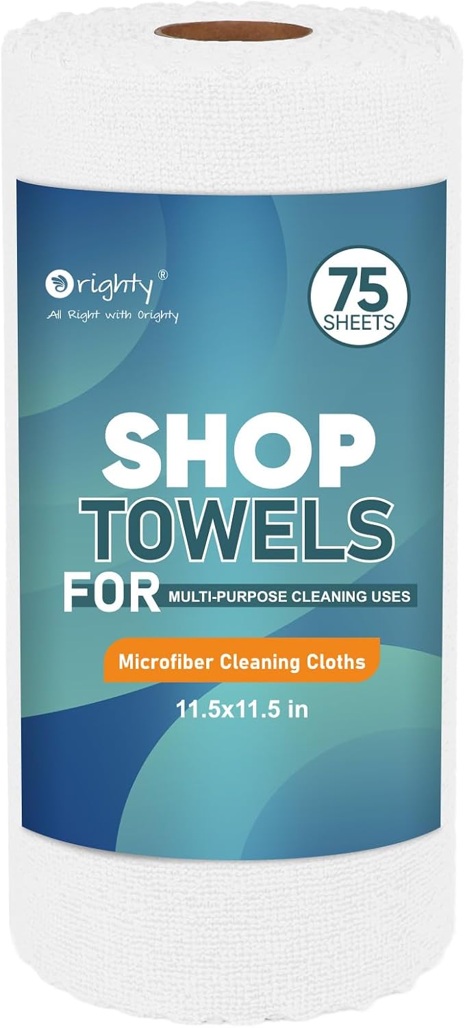 Orighty Microfiber Cleaning Cloths, 75 Sheets Shop Towels, Reusable Paper Towels Shop Rags, Washable Microfiber Towel Roll Cleaning Rags for Cars, House, Kitchen, 11.5’’ x 11.5’’, White
