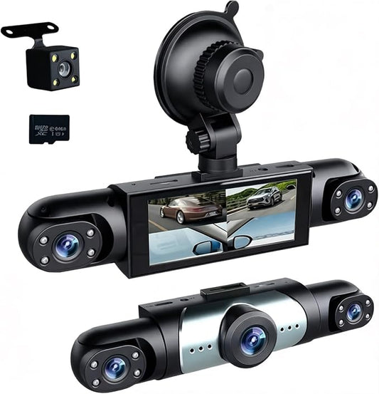 360° Full View Dash Cam Front and Rear Inside, 4 Channel Dashcam 1080P Full HD Dash Camera for Cars with Infrared Lamps Night Vision G-Sensor, Parking Mode, 64GB SD Card Car Accessories