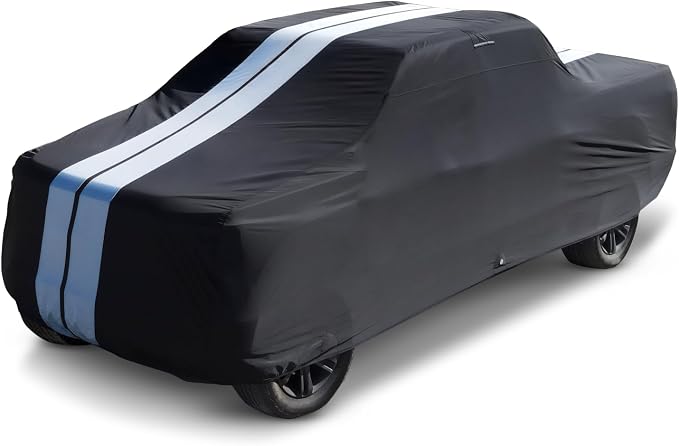 iCarCover Premium Heavy Duty Truck Car Cover - Waterproof All Weather Rain Snow UV Protection, F-150 Extended Cab, F-250, F-350 Crew Cab, Extended Cab, Size T87 (See Size Chart), Stripe - Black/Gray