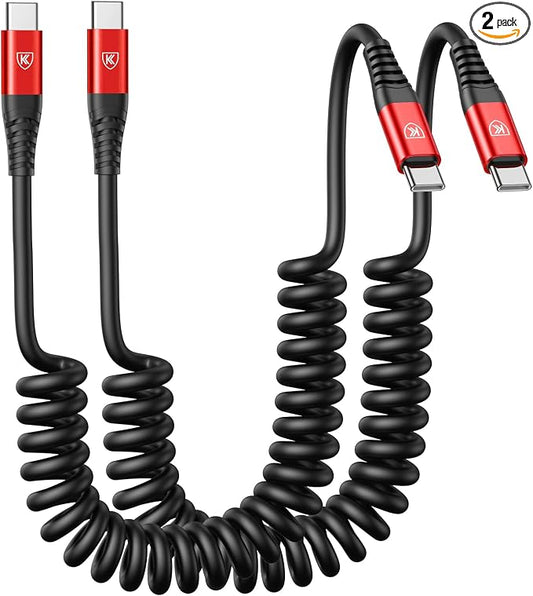 USB C Cable 3ft 2Pack USB C to USB C Charger Cable for Car, Coiled Type C | Fast Charging Cable for iPhone 17/16/15/Plus/Pro/Pro Max/MacBook Pro 2020/iPad Pro 2020/iPad Air 4/Samsung Galaxy S23-Red