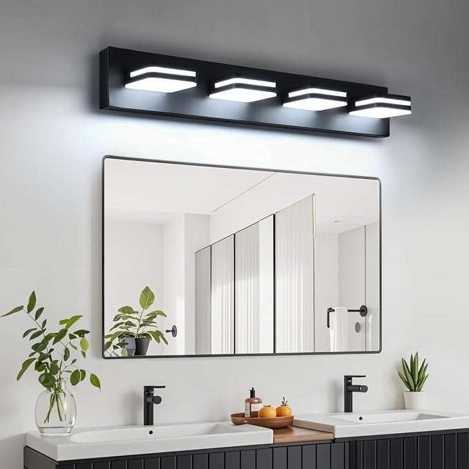 Torondo 360° Rotate LED Bathroom Vanity Light Fixtures, Acrylic Vanity Lights for Bathroom, Modern Wall Lighting Fixtures Over Mirror Living, Matte Black, Natural White, 4-Light, 27-Inch