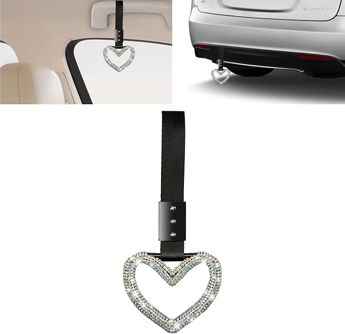 NBTEPEM Bling Tsurikawa Heart Handle Ring Bling Car Accessories for Women Handle Strap Drift Charm Rear Bumper Warning Ring Decor for Car Interior Exterior Decoration (Multicolor, Heart Style)