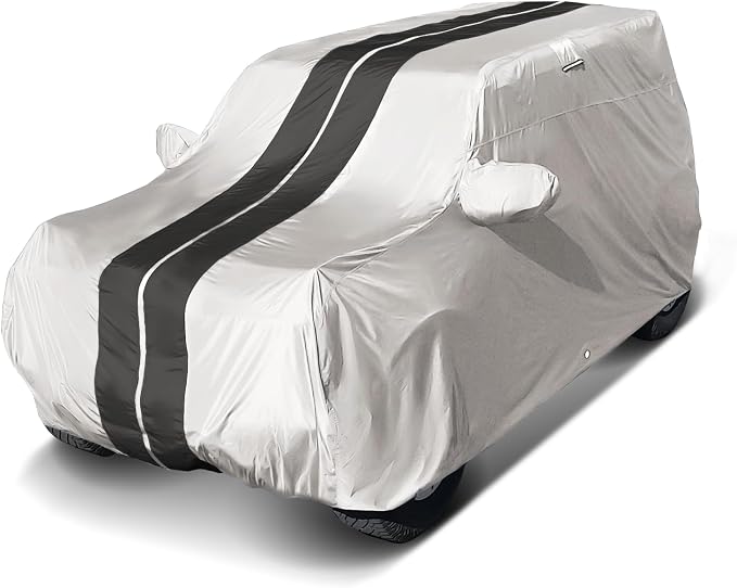 iCarCover Premium Heavy Duty SUV Car Cover - Waterproof Rain Snow UV Protection, GLK, 4Runner, Xterra, Forester, XC40, Q3, Liberty, SPOR-Tage, Size S57 (See Size Chart), Stripe - Light Gray/Black